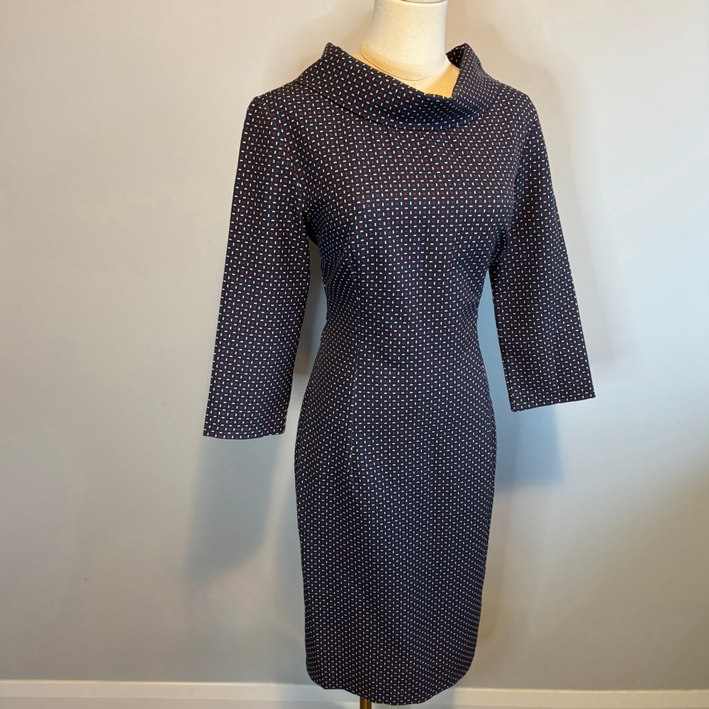 La Nika Women's Cowl Neck 3/4 Sleeve Navy Blue Sheath Midi Dress, Vintage, SZ 40